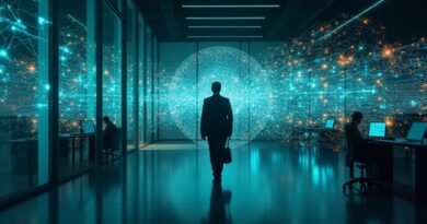 Futurystyczna sieć AI agentów w korporacyjnym biurze, symbolizująca Gemini Enterprise.