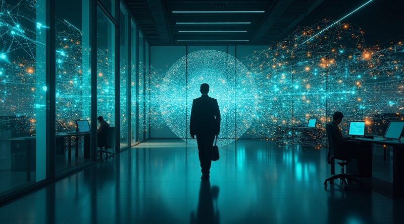 Futurystyczna sieć AI agentów w korporacyjnym biurze, symbolizująca Gemini Enterprise.