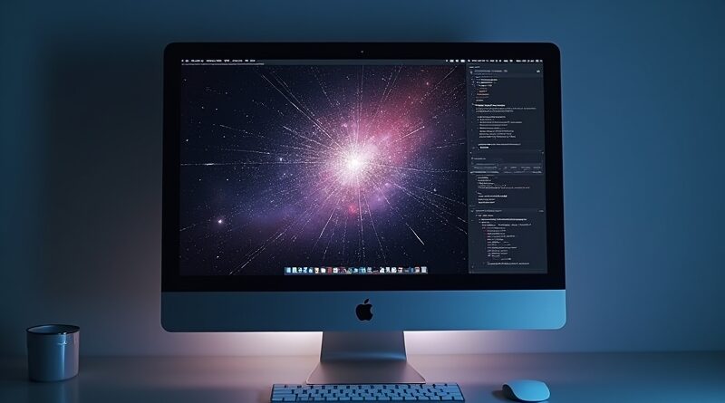 Gemini na macOS: konstelacja Bliźniąt subtelnie wtopiona w minimalistyczny pulpit, nowoczesny kod i wizualizacja danych.