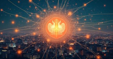 Indyjska metropolia spleciona z siecią neuronową, symbol Gemini integrujący się z interfejsem użytkownika aplikacji Google.