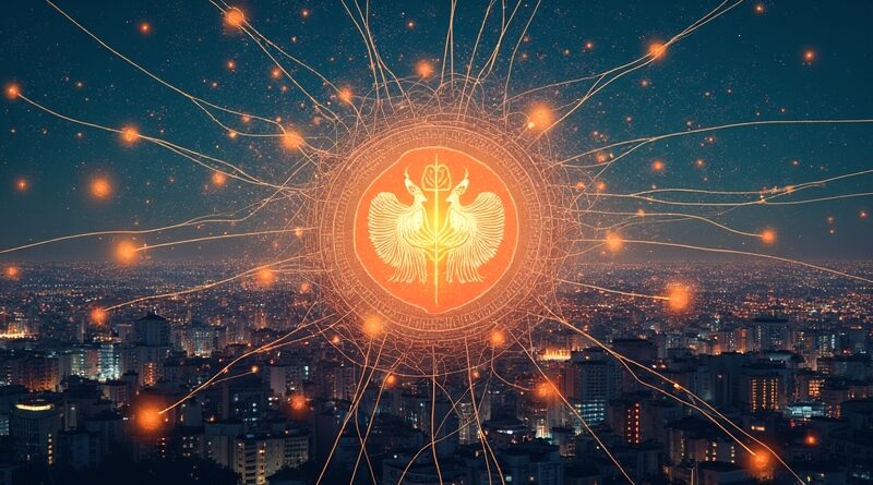 Indyjska metropolia spleciona z siecią neuronową, symbol Gemini integrujący się z interfejsem użytkownika aplikacji Google.