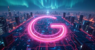 Neonowa sieć obwodów w kształcie "G" łączy futurystyczne miasto, symbolizując lokalne przetwarzanie AI Gemmy 4.