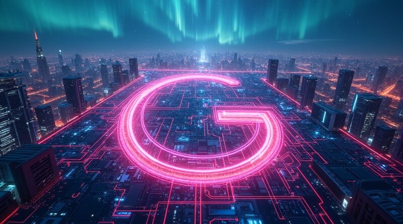 Neonowa sieć obwodów w kształcie "G" łączy futurystyczne miasto, symbolizując lokalne przetwarzanie AI Gemmy 4.