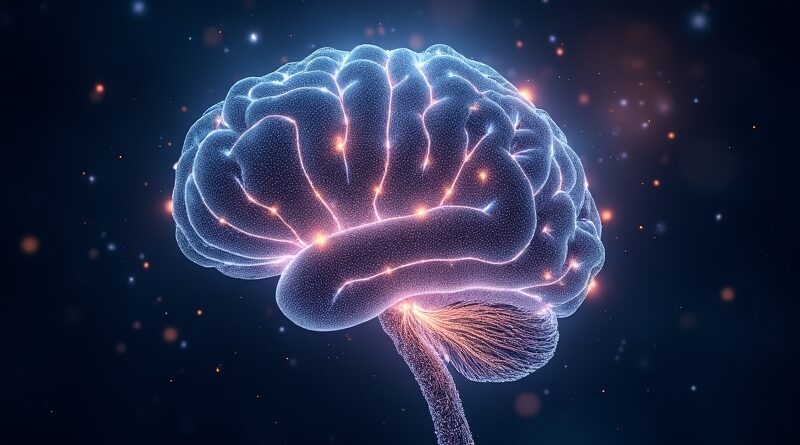 Świecąca konstelacja w kształcie mózgu symbolizująca integrację danych i AI, z subtelnymi kolorami Google.