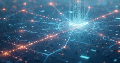 Eteryczna sieć danych nad miastem, reprezentująca autonomicznych agentów programistycznych Google Jitro sterowanych przez KPI.