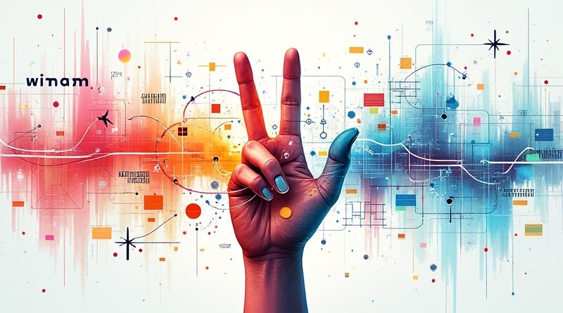 Abstrakcyjna wizja Google Mixboard: kolorowa kolaboracja, głosowe sterowanie, generatywne AI i dynamiczna orkiestracja pomysłów.