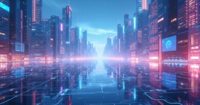 Futurystyczna panorama miasta spleciona ze strumieniami wideo, logo Google subtelnie w architekturze, symbolizuje nieograniczoną kreatywność Veo 3.1 Lite.