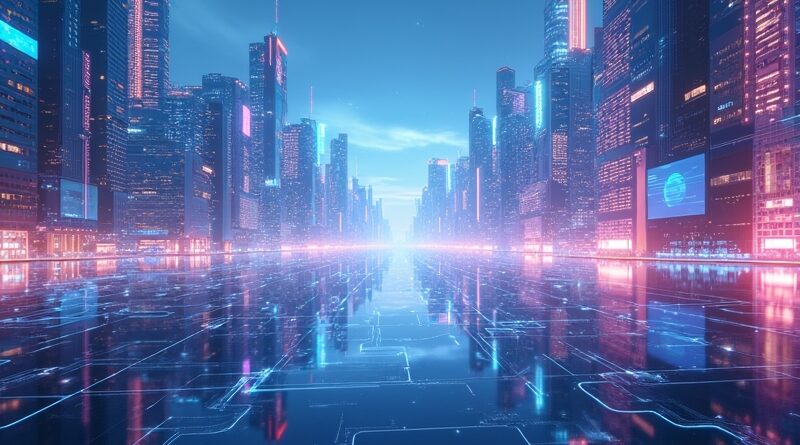 Futurystyczna panorama miasta spleciona ze strumieniami wideo, logo Google subtelnie w architekturze, symbolizuje nieograniczoną kreatywność Veo 3.1 Lite.
