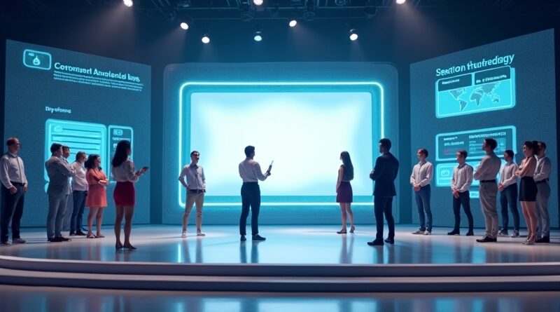 Nowoczesna scena korporacyjna z awatarami, promptem i elementami Google Vids/Veo.