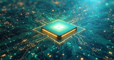 Abstrakcyjny krajobraz płyty głównej, spleciony z sieciami neuronowymi, symbolizujący sojusz Google-Intel i renesans CPU w AI.