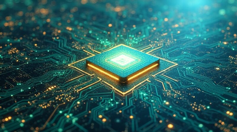 Abstrakcyjny krajobraz płyty głównej, spleciony z sieciami neuronowymi, symbolizujący sojusz Google-Intel i renesans CPU w AI.