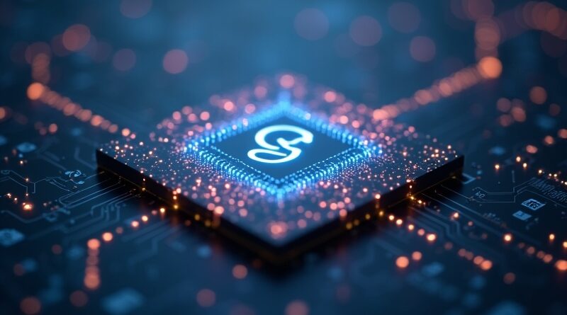 Abstrakcyjna sieć neuronowa na tle minimalistycznej płytki krzemowej z logo Google.