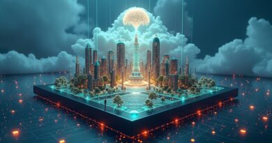 Futurystyczne miasto w silikonowej płytce, obłoki jak sieci neuronowe, logo Google, litera A Anthropic, synergia AI i natury.