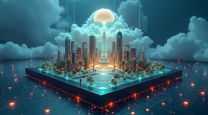 Futurystyczne miasto w silikonowej płytce, obłoki jak sieci neuronowe, logo Google, litera A Anthropic, synergia AI i natury.