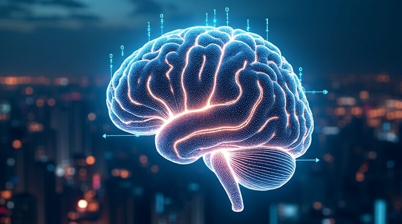 Stylizowany mózg z kodu, elektryczny błękit i złoto, futurystyczne miasto w tle, symbol AI i innowacji.