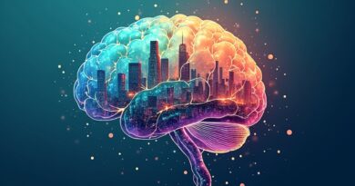 Stylizowany mózg z węzłów i połączeń symbolizuje umiejętności AI Gemini (Skills, Agent, Schedules). Futurystyczne miasto odzwierciedla powiązanie AI z życiem.