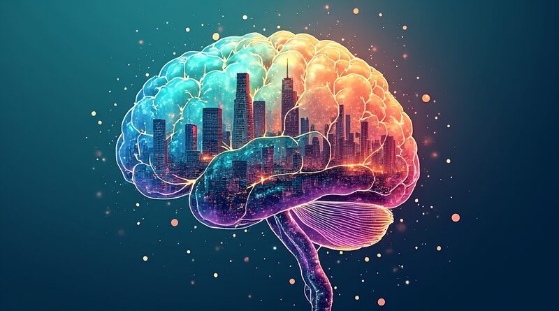 Stylizowany mózg z węzłów i połączeń symbolizuje umiejętności AI Gemini (Skills, Agent, Schedules). Futurystyczne miasto odzwierciedla powiązanie AI z życiem.