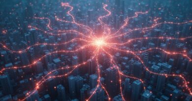 Neuronowa sieć w abstrakcyjnym mieście, strumienie danych symbolizują moc obliczeniową nowej gospodarki, technologiczna utopia z nutą niepokoju.