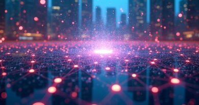 Abstrakcyjna sieć węzłów AI walczących w futurystycznej arenie, symbolizująca Grok Build.