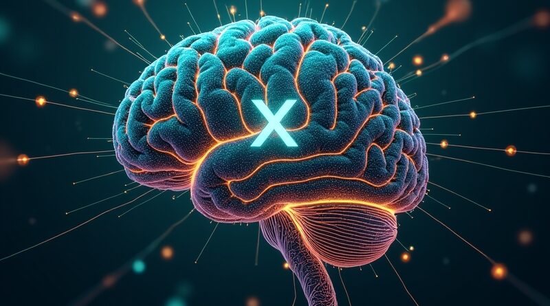 Futurystyczna sieć neuronowa z logo X w centrum, symbolizująca inteligentne osie czasu na platformie X.