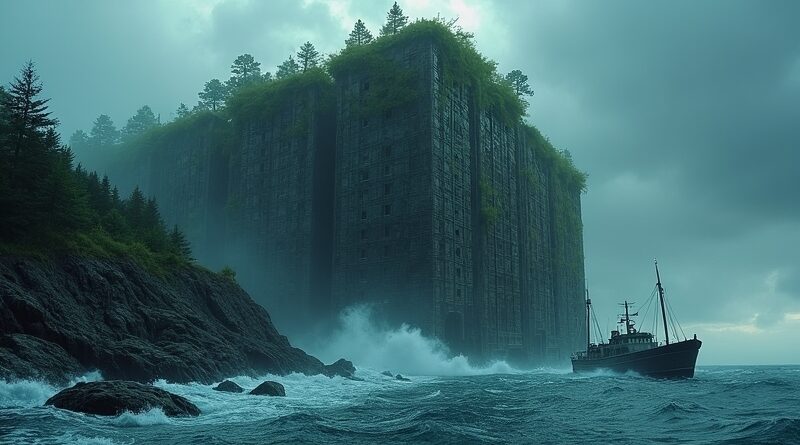 Kolosalna serwerownia jak starożytny ziggurat na wybrzeżu Maine, łódź rybacka na tle burzy.
