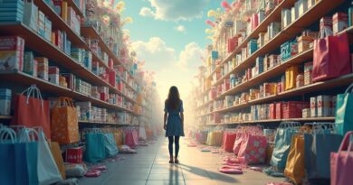 Zdezorientowany klient w surrealistycznym sklepie, produkty zniekształcone, symbolizujące brak wiarygodnych rekomendacji ChatGPT.