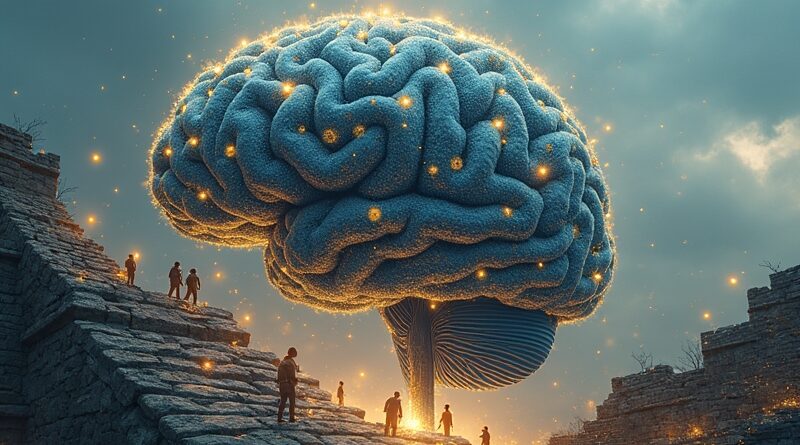 Olbrzymi, błękitno-złoty mózg AI góruje nad kruchym chińskim murem. Arcee AI odbudowuje go kodem.