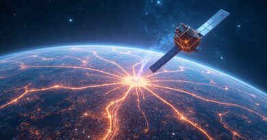 Futurystyczne miasto połączone ze zdjęciem satelitarnym Ziemi, symbolizujące ambicje Xoople w mapowaniu danych.