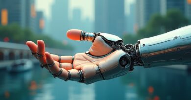 Futurystyczna, chłodna grafika: robotyczna ręka trzyma ludzką dłoń na tle miasta i ogniwa wodorowego.