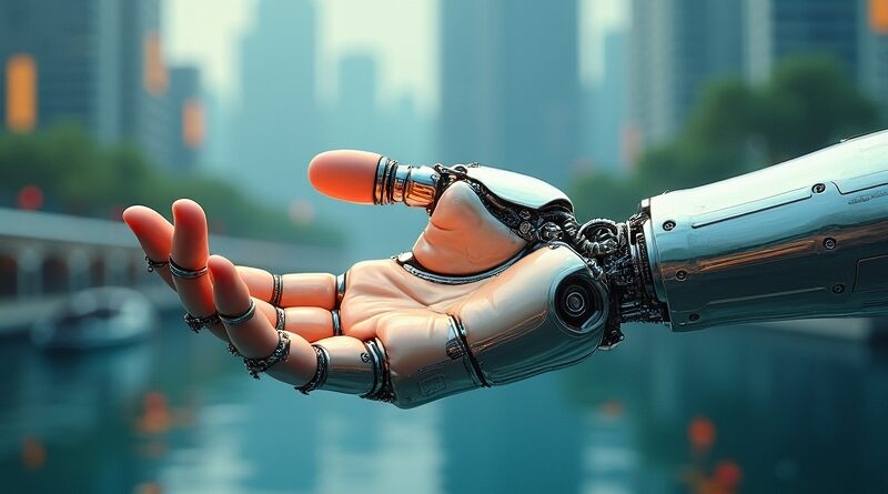 Futurystyczna, chłodna grafika: robotyczna ręka trzyma ludzką dłoń na tle miasta i ogniwa wodorowego.