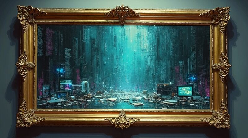 Zdobne lustro odbija chaotyczny cyfrowy bałagan: kod, tokeny, złudzenie produktywności.