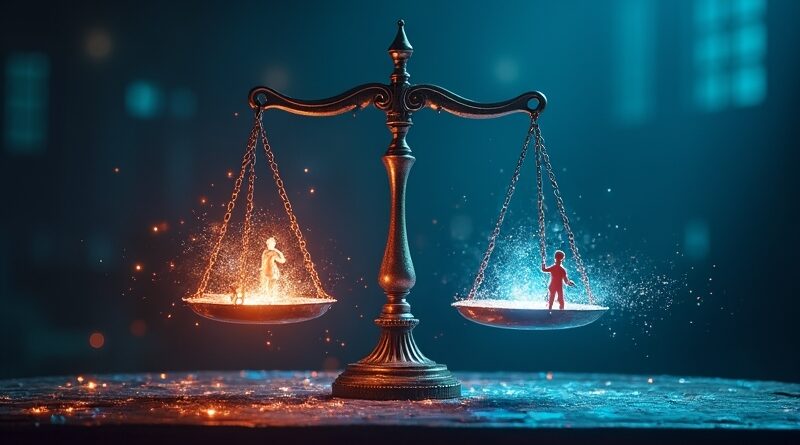 Sala sądowa w stylu Art Nouveau, wagi sprawiedliwości stworzone z kodu, dane kontra ludzie.