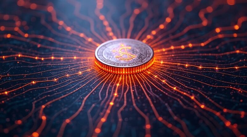 Rozległa sieć obwodów symbolizująca obliczenia rozproszone, z pulsującym tokenem w centrum. Efektywność przetwarzania tokenów.