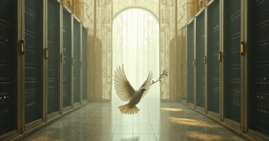 Serwerownia za koronkową zasłoną, gołąb z gałązką oliwną. Metafora wyścigu zbrojeń AI.