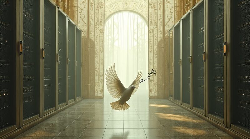Serwerownia za koronkową zasłoną, gołąb z gałązką oliwną. Metafora wyścigu zbrojeń AI.