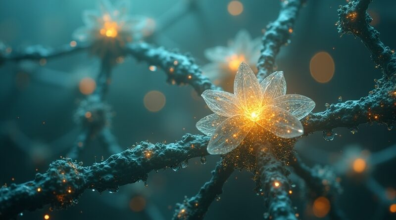 Abstrakcyjna sieć kryształów AI z przepływami danych; naprawiany pęknięty kryształ symbolizuje awarię.