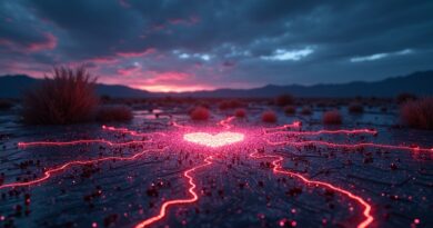 Płyta główna w teksańskim krajobrazie o zmierzchu, symbolizująca współpracę Intela w projekcie Terafab.