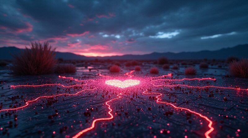 Płyta główna w teksańskim krajobrazie o zmierzchu, symbolizująca współpracę Intela w projekcie Terafab.