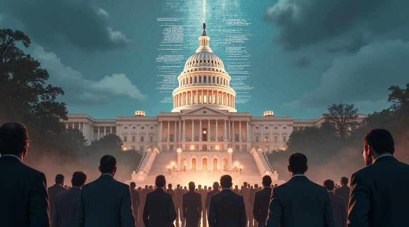 Futurystyczny Mojżesz jak inżynier wręcza Dolinie Krzemowej kodeks AI na tle Kapitolu.