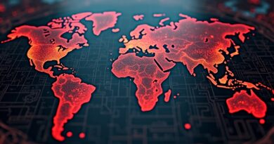 Geopolityczna szachownica z elementami obwodów, czerwone wskaźniki zagrożenia celują w logotypy firm technologicznych.