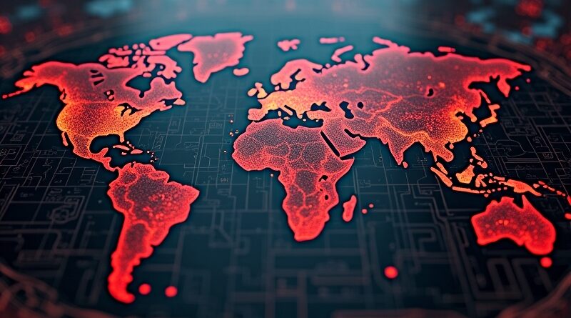 Geopolityczna szachownica z elementami obwodów, czerwone wskaźniki zagrożenia celują w logotypy firm technologicznych.