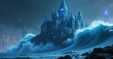 AI-generowana fala uderza w krzemowy zamek z logo Nvidia, symbolizując rewolucję w projektowaniu chipów.