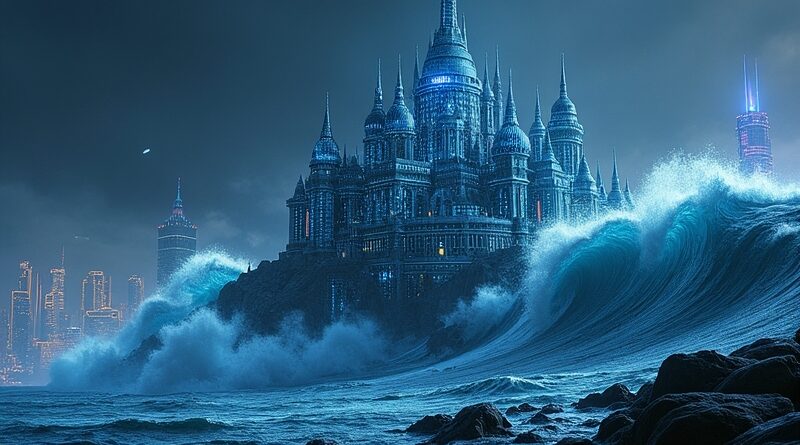 AI-generowana fala uderza w krzemowy zamek z logo Nvidia, symbolizując rewolucję w projektowaniu chipów.