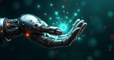 Robotyczna dłoń trzyma sieć węzłów symbolizujących dane i autonomiczne agenty, uchwycenie kontroli nad Shadow AI.