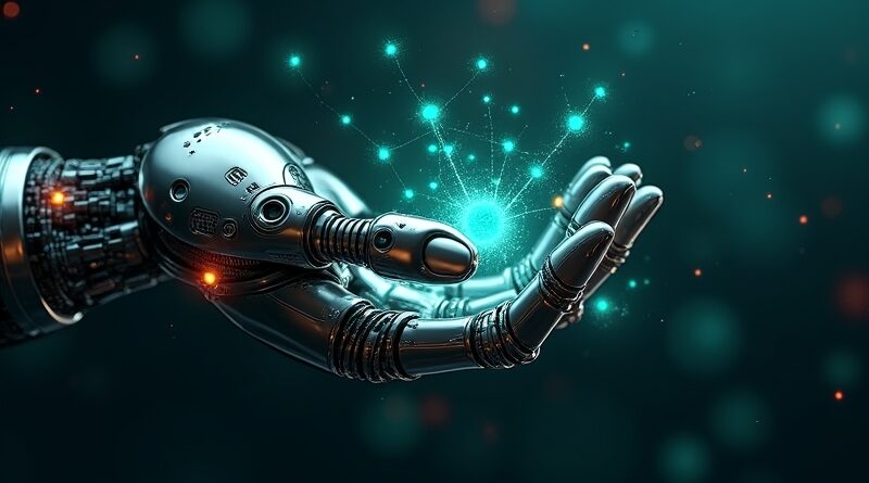 Robotyczna dłoń trzyma sieć węzłów symbolizujących dane i autonomiczne agenty, uchwycenie kontroli nad Shadow AI.