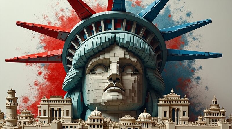 Surrealistyczna kolaż Lego: Statua Wolności z welonem i Persepolis w cyfrowym szumie. Czerwienie, błękity, srebro.