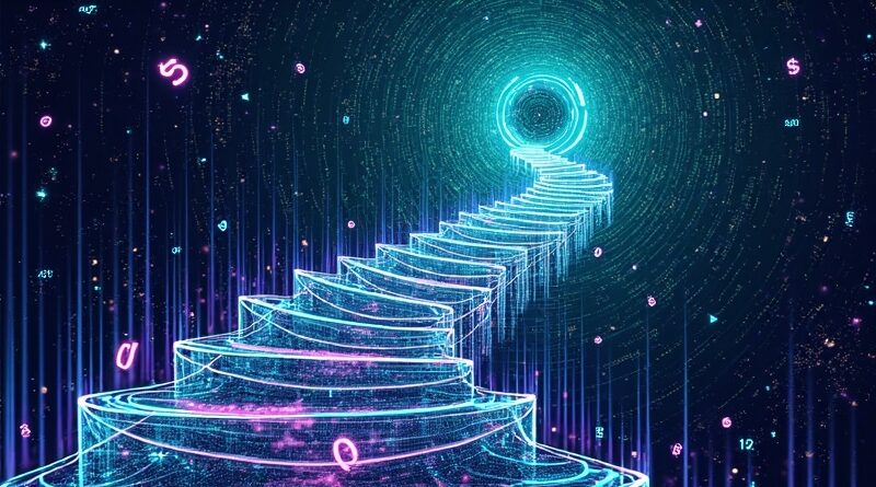 Escherowska klatka schodowa z obwodów prowadzi do wirujących liczb i znaków dolara, symbolizujących zawiłe subskrypcje AI.