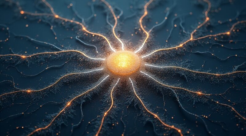 Złożona sieć neuronowa w złoto-srebrnych barwach, rozświetlona przez subtelny, rodzinny herb.