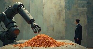 Cyfrowy bufet danych, robotyczna ręka, obserwujący człowiek. Koniec abonamentu, rozliczenia API w tle.