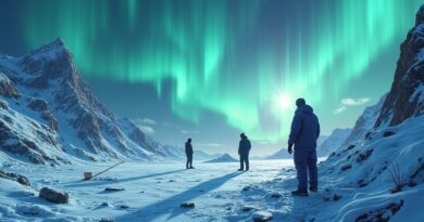 Surreal, malarski krajobraz: zorza polarna nad zniszczoną serwerownią, sylwetki Microsoftu i Google, symbol "Stargate" w śniegu.